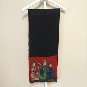 Vintage Style Geisha Kimono Print Sheer Black Red Rectangular Scarf Art Graphic